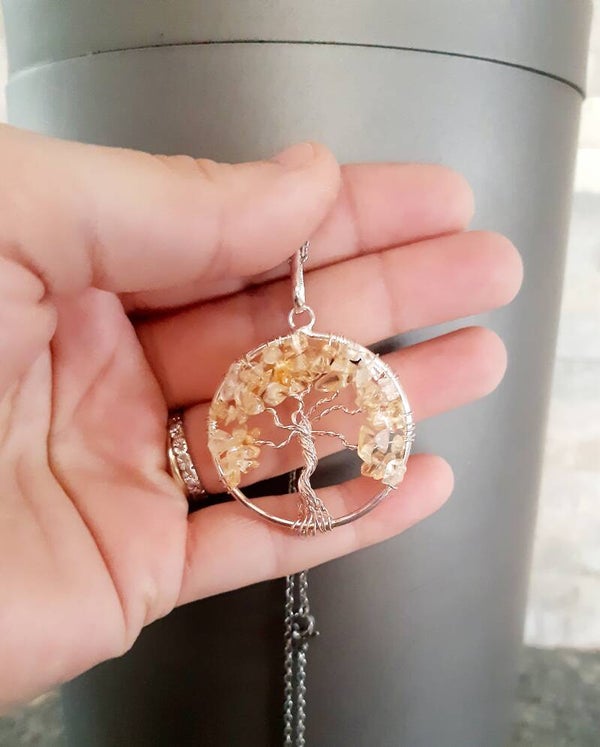 Collier acier inoxydable arbre de vie citrine rond