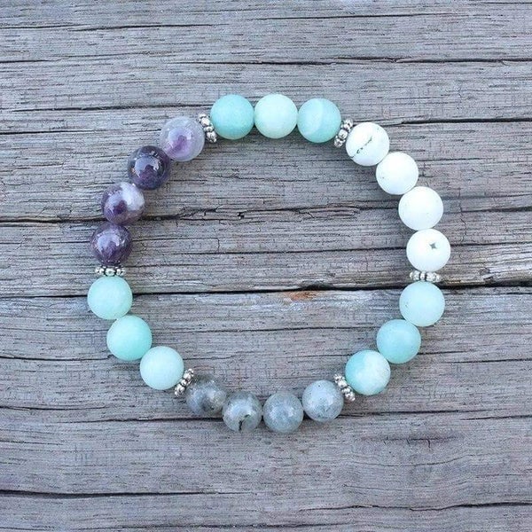 Bracelet amazonite, améthyste, labradorite, howlite, separateur acier