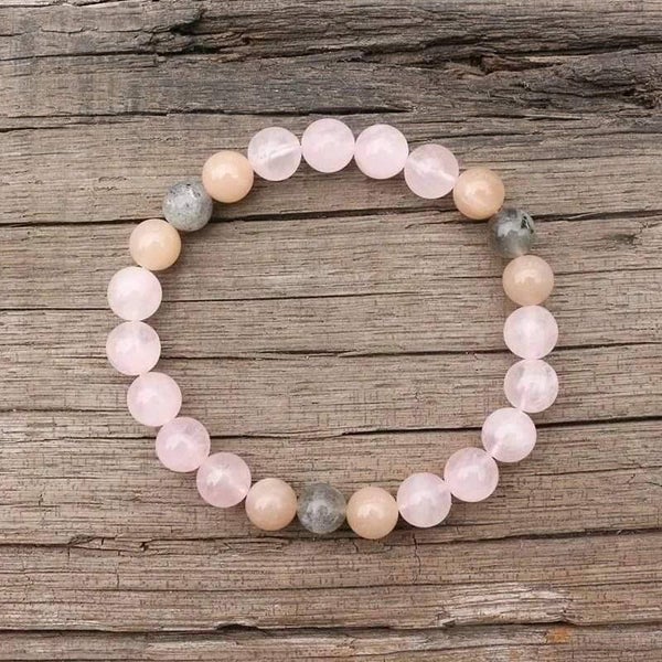Bracelet quartz rose, labradorite, pierre de lune