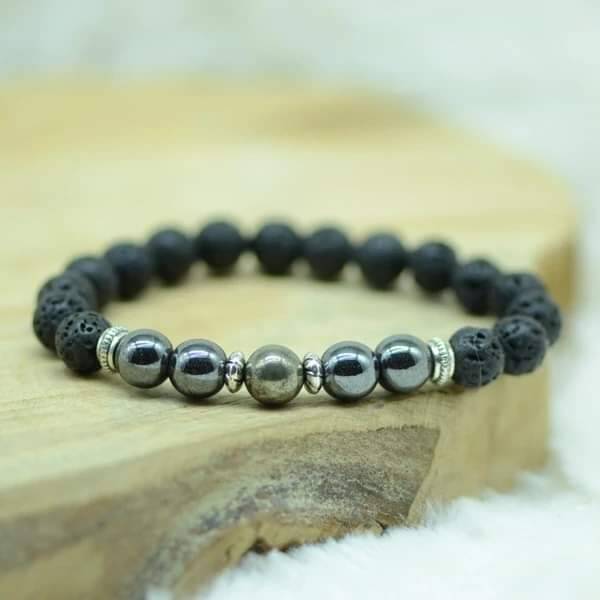 Bracelet pierre de lave, hematite, pyrite, separateur acier