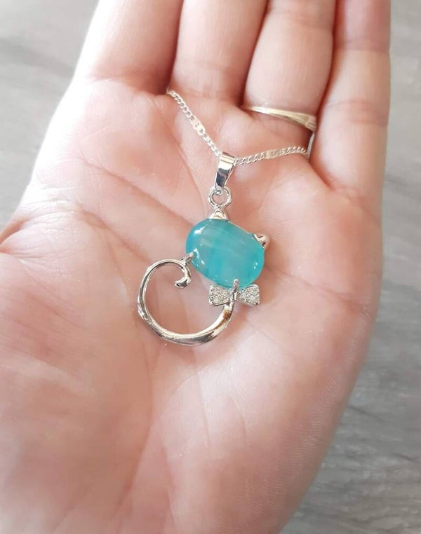 Collier acier inoxydable chat Fluorine bleu