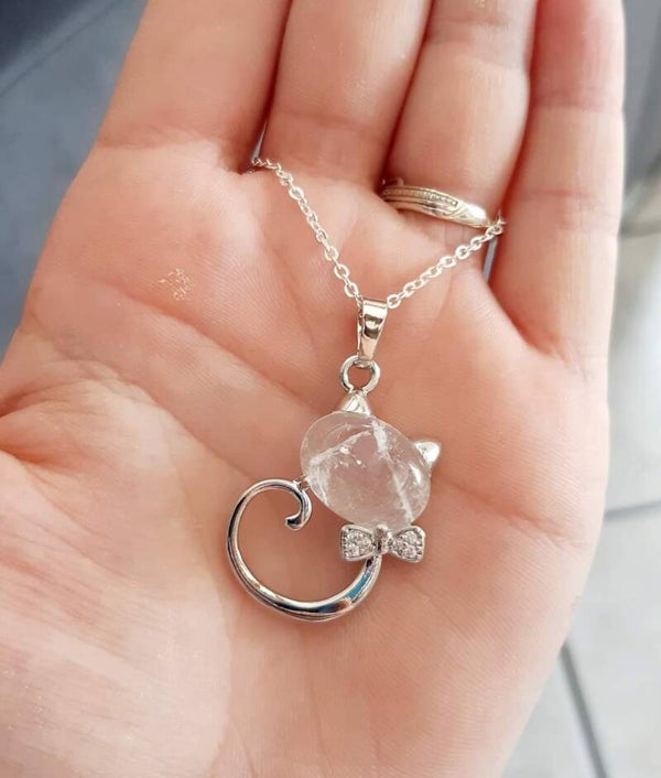 Collier acier inoxydable chat cristal de roche