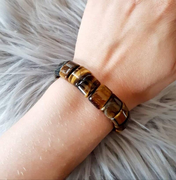 Bracelet grosse perle rectangle œil de tigre