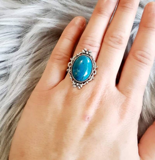 Bague cabochon acier inoxydable réglable ovale apatite bleu