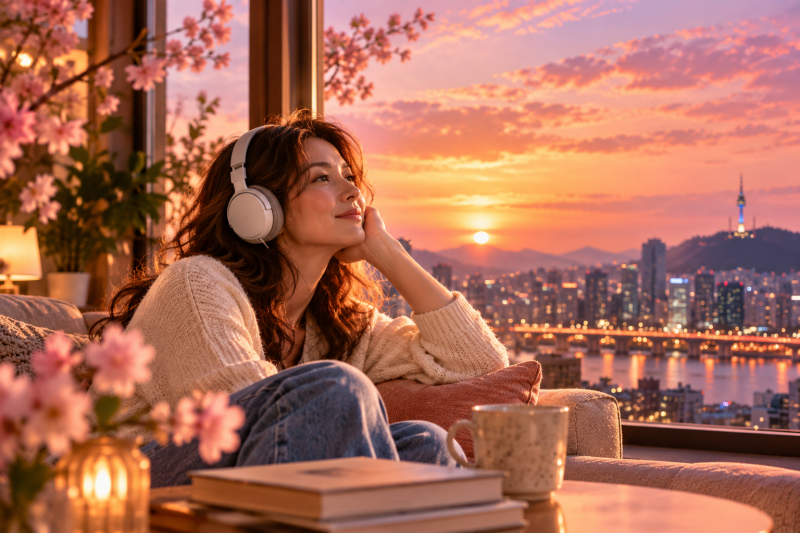 Vrouw luistert ontspannen met een koptelefoon naar muziek in een lichte, modern ingerichte woonkamer.*