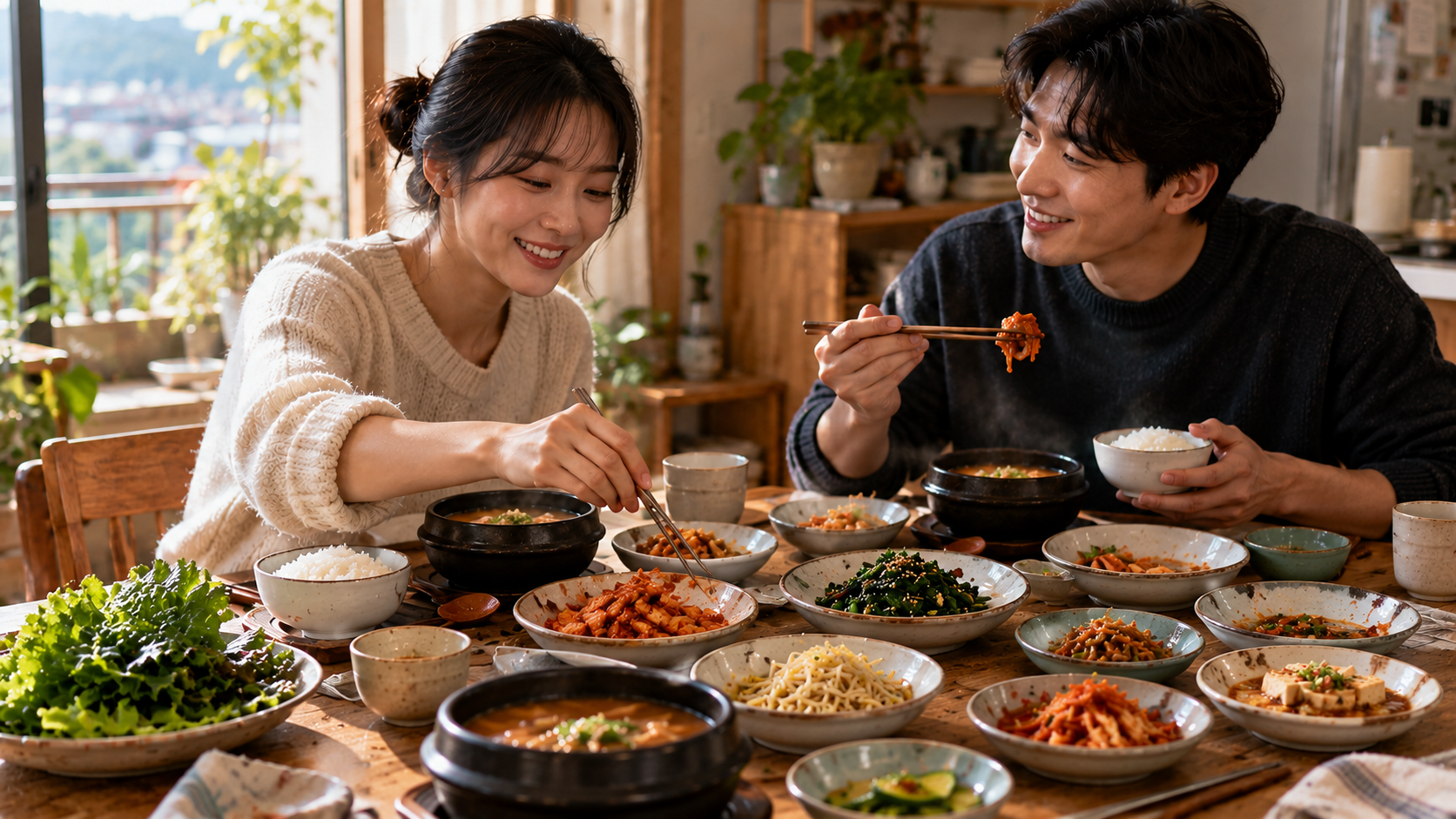 Twee jonge Koreanen aan een eettafel vol bijgerechten*