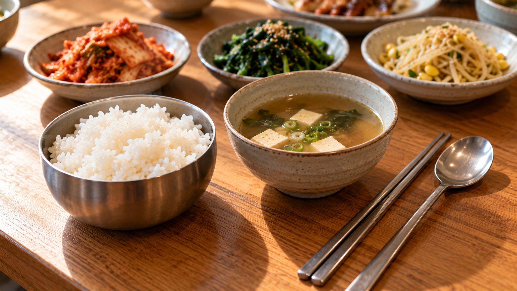 Koreaans eetgerei: metalen eetstokjes en lepel*