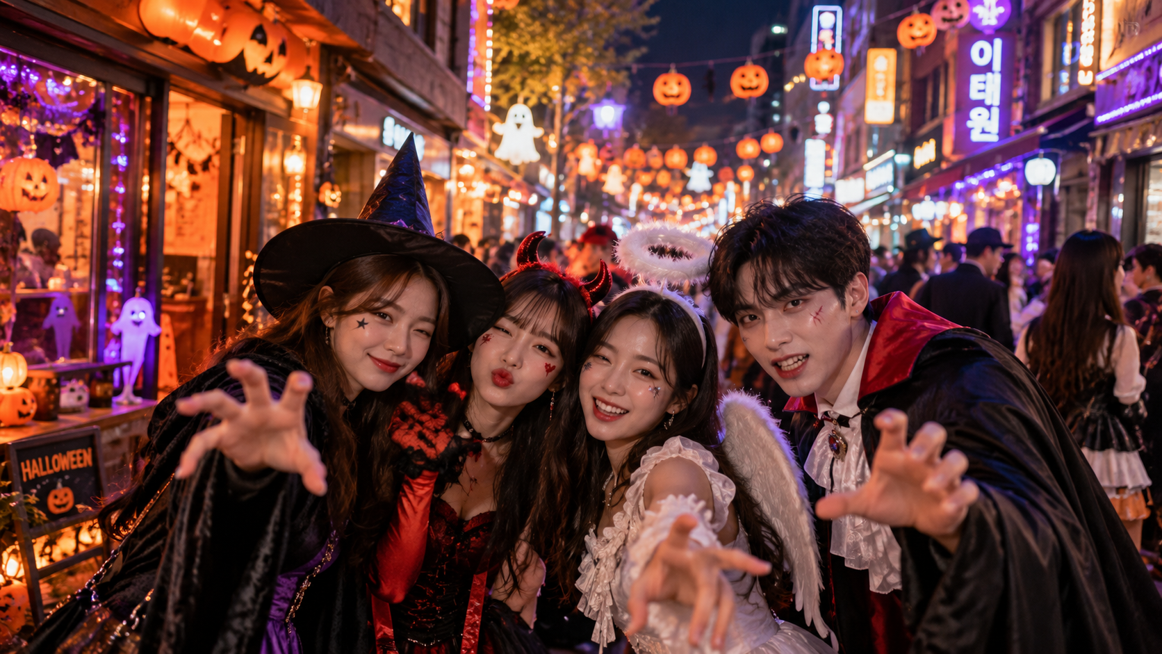 Jonge Koreanen in westerse Halloween kostuums (illustratie*)