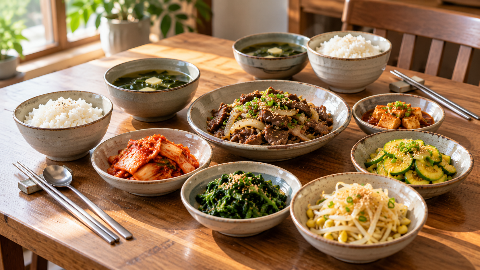 Tafel met verschillende Koreaanse gerechten*