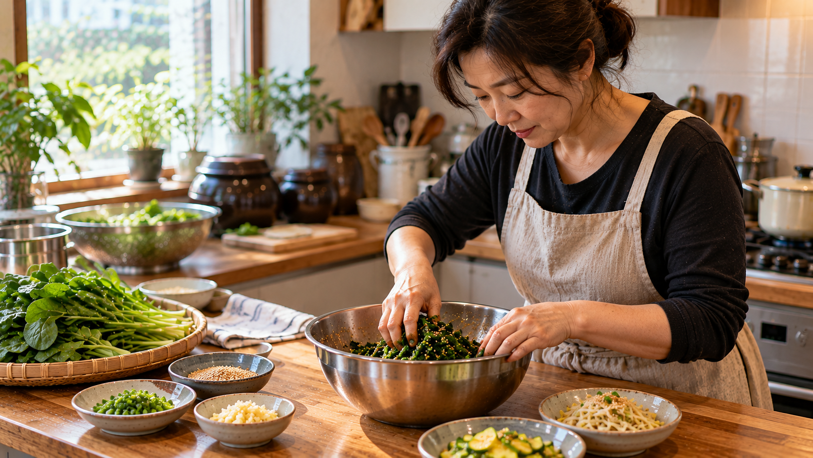Koreaanse vrouw bereidt gerechten in de keuken*