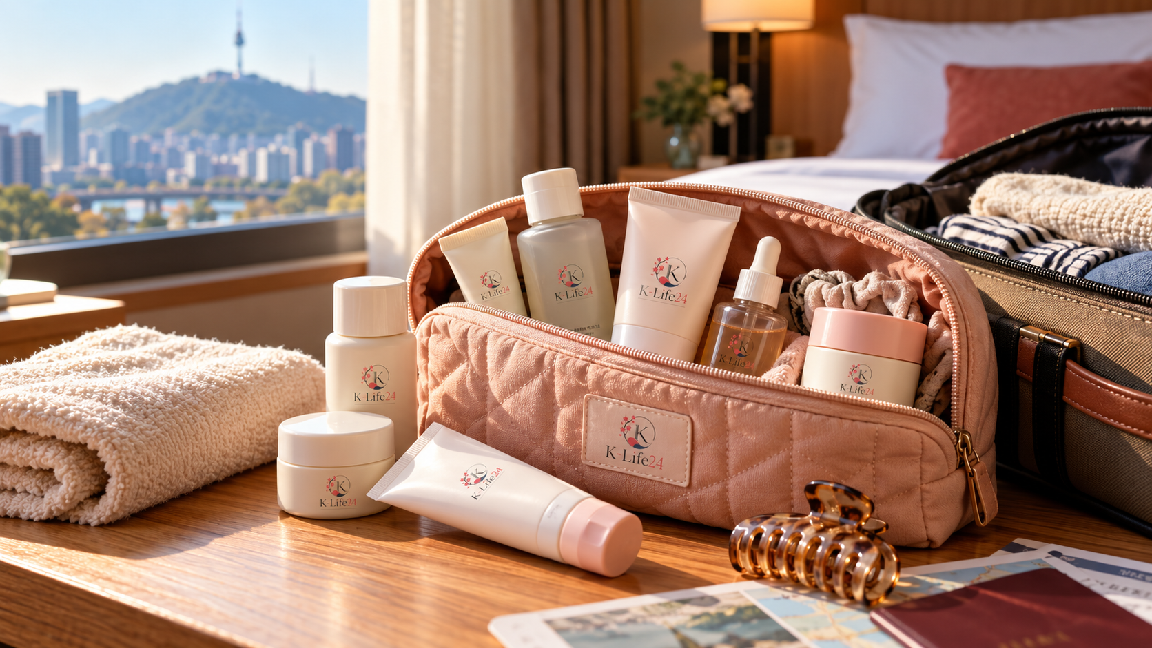 Toilettas en skincare klaar voor vertrek*