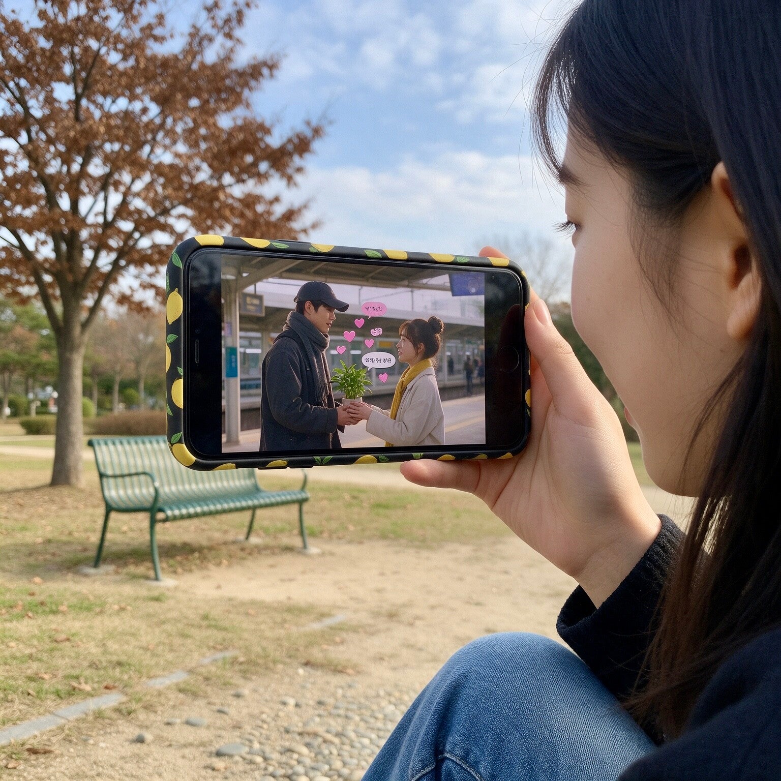 Koreaanse vrouw kijkt K-Drama in het park
