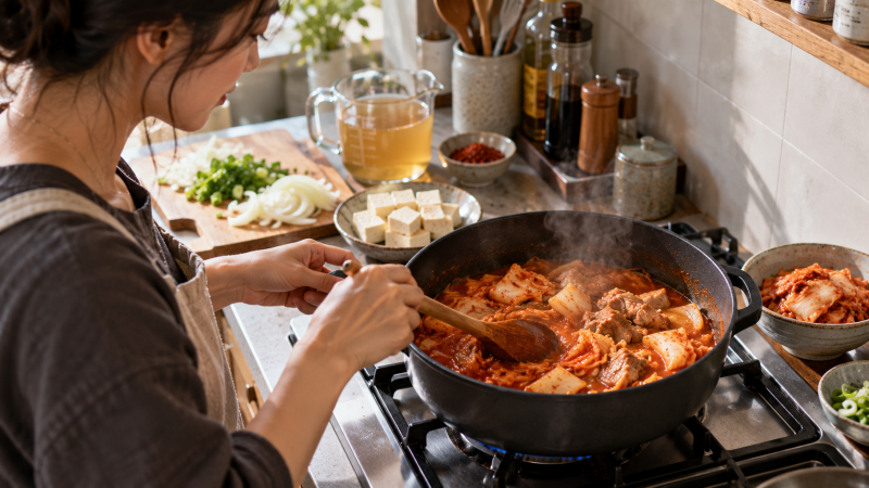 Een Koreaanse thuiskok bereidt kimchi-jjigae in een eenvoudige moderne keuken.*