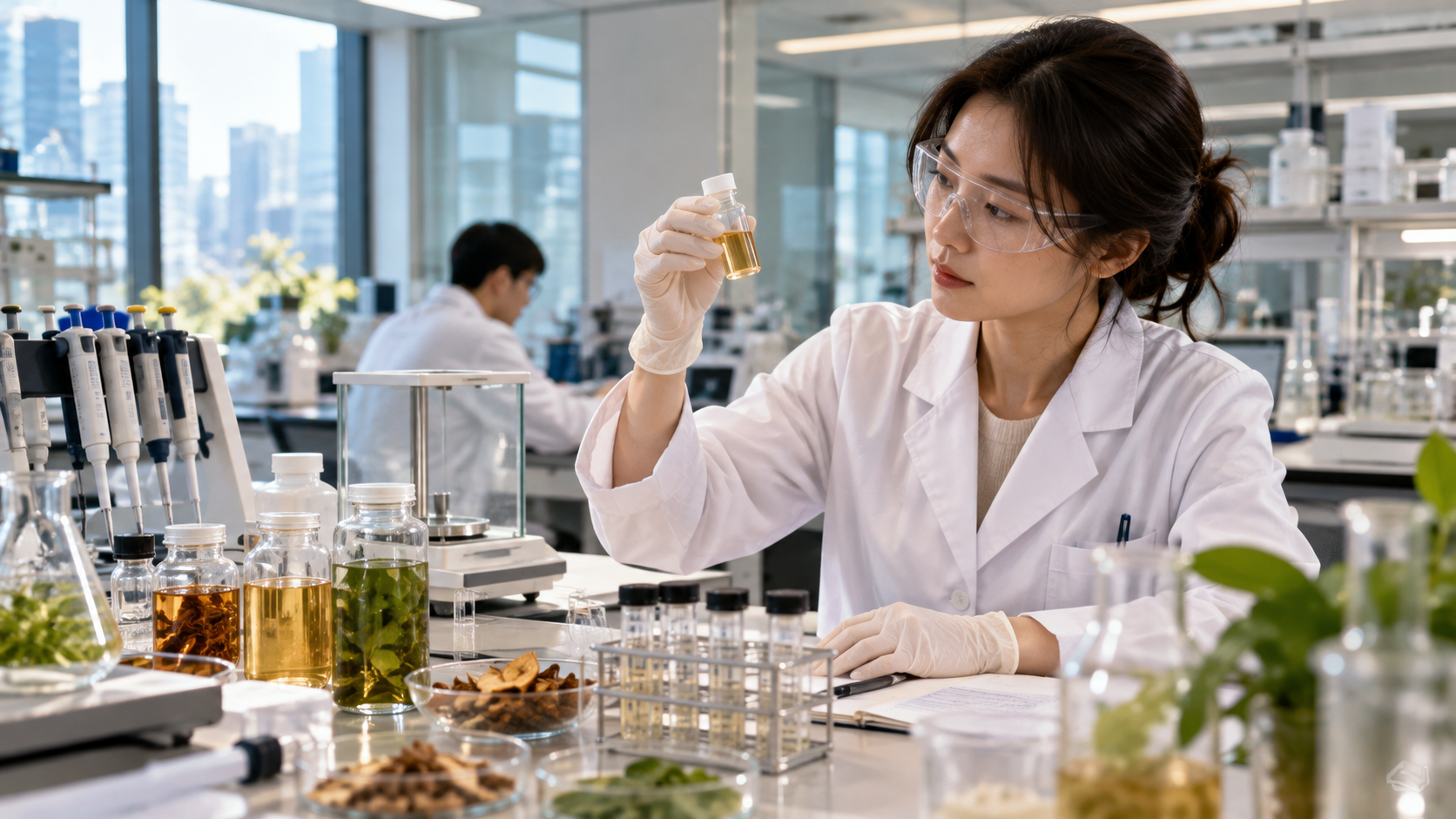 Cosmetisch onderzoekster aan het werk in het laboratorium*