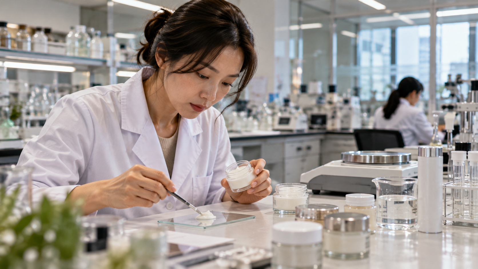 Cosmetisch laborante controleert het product*