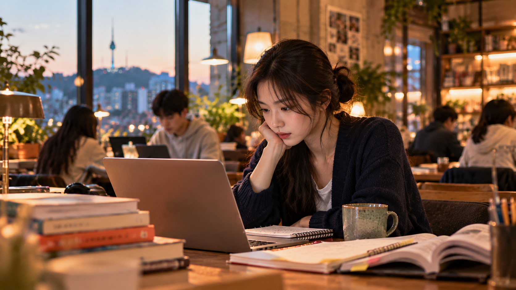 Koreanse studente aan het studeren in een cafe