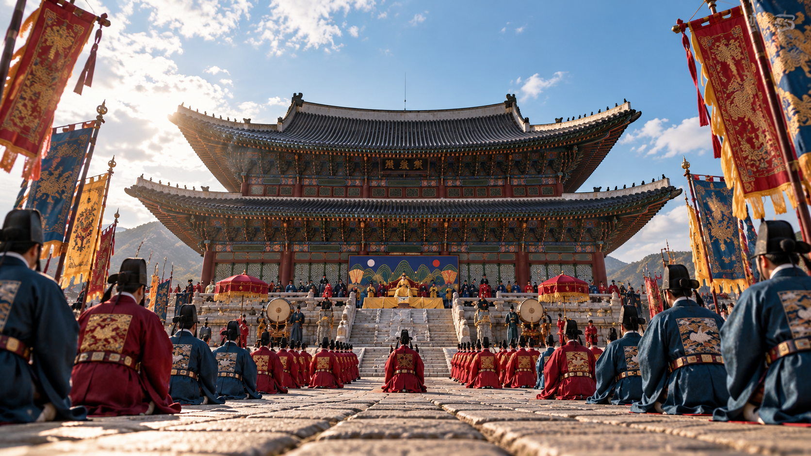 Historisch geïnspireerde illustratie van hiërarchische verhoudingen tijdens Joseon-dynastie in een Sageuk*