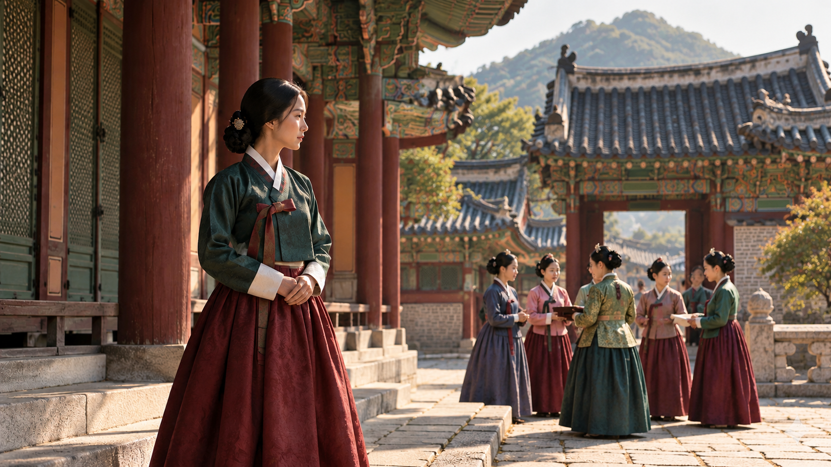 Historisch geïnspireerde illustratie over vrouwen aan het koninklijk hof in een K-Drama*