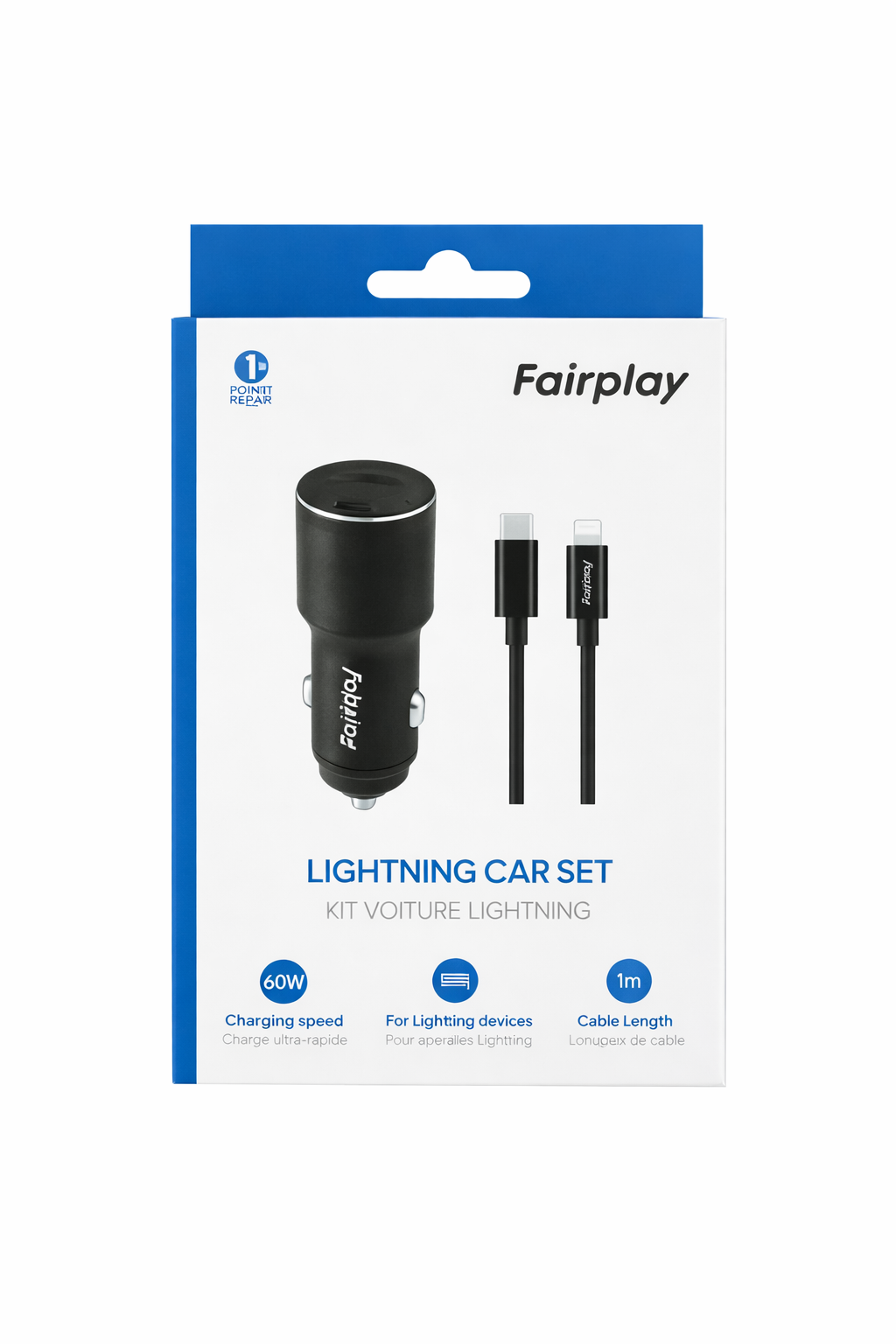 FAIRPLAY Pack Chargeur Voiture (60W) + Câble Lightning