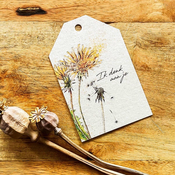 Cadeaulabel - paardenbloem 'Ik denk aan je'