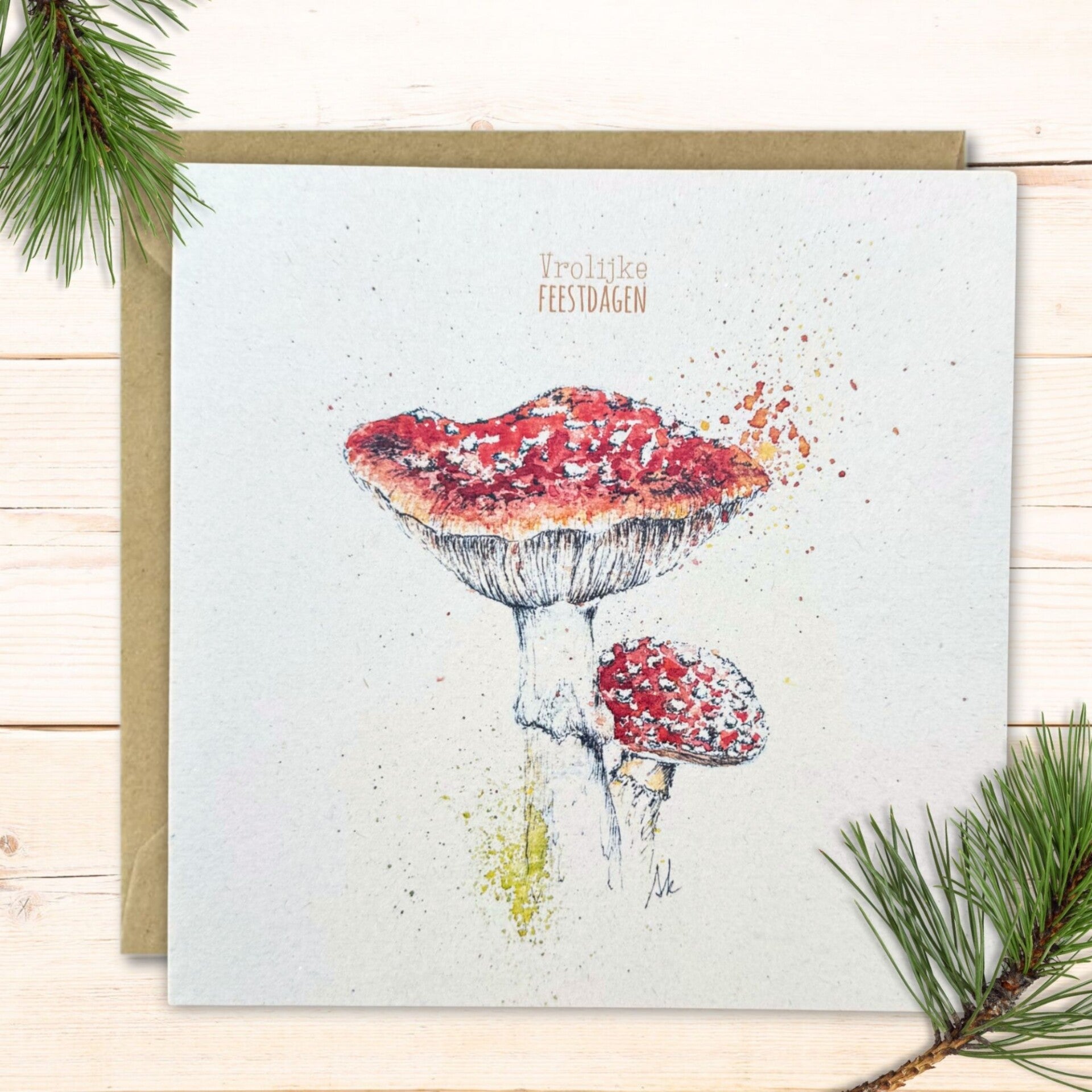 Kerstkaart vliegenzwam 'Vrolijke feestdagen'