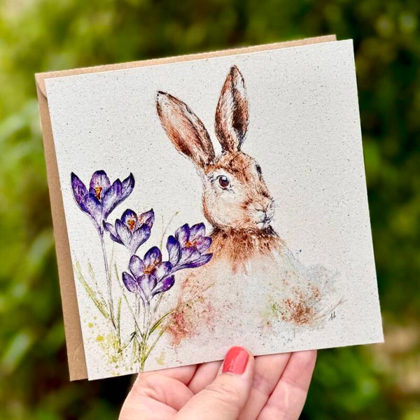 Lentekaart met haas en krokussen - dubbele kaart