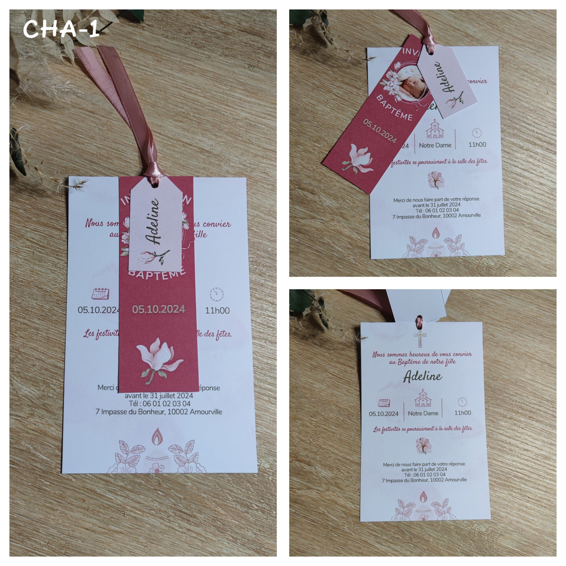 Faire-Part Baptême rectangulaire et ses deux étiquettes - Tous les thèmes