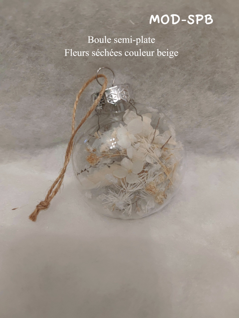 Boule de Noël - fleurs séchées semi plate beige