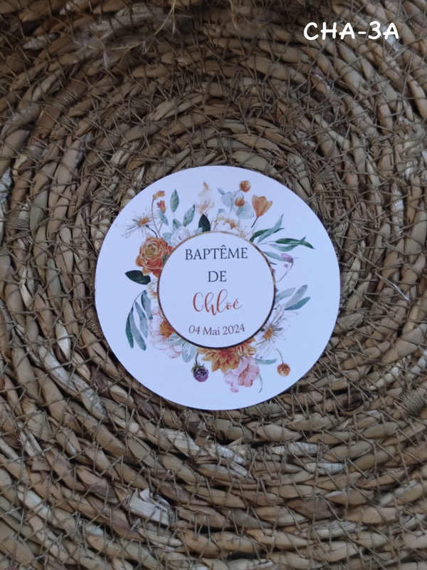 Etiquette cartonnée ronde - tous les thèmes baptême