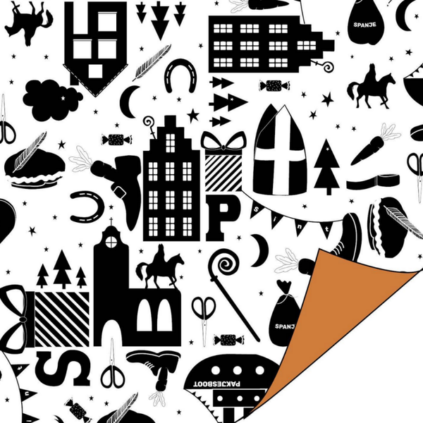 Inpakpapier Sinterklaasfiguurtjes zwart-wit/ camel