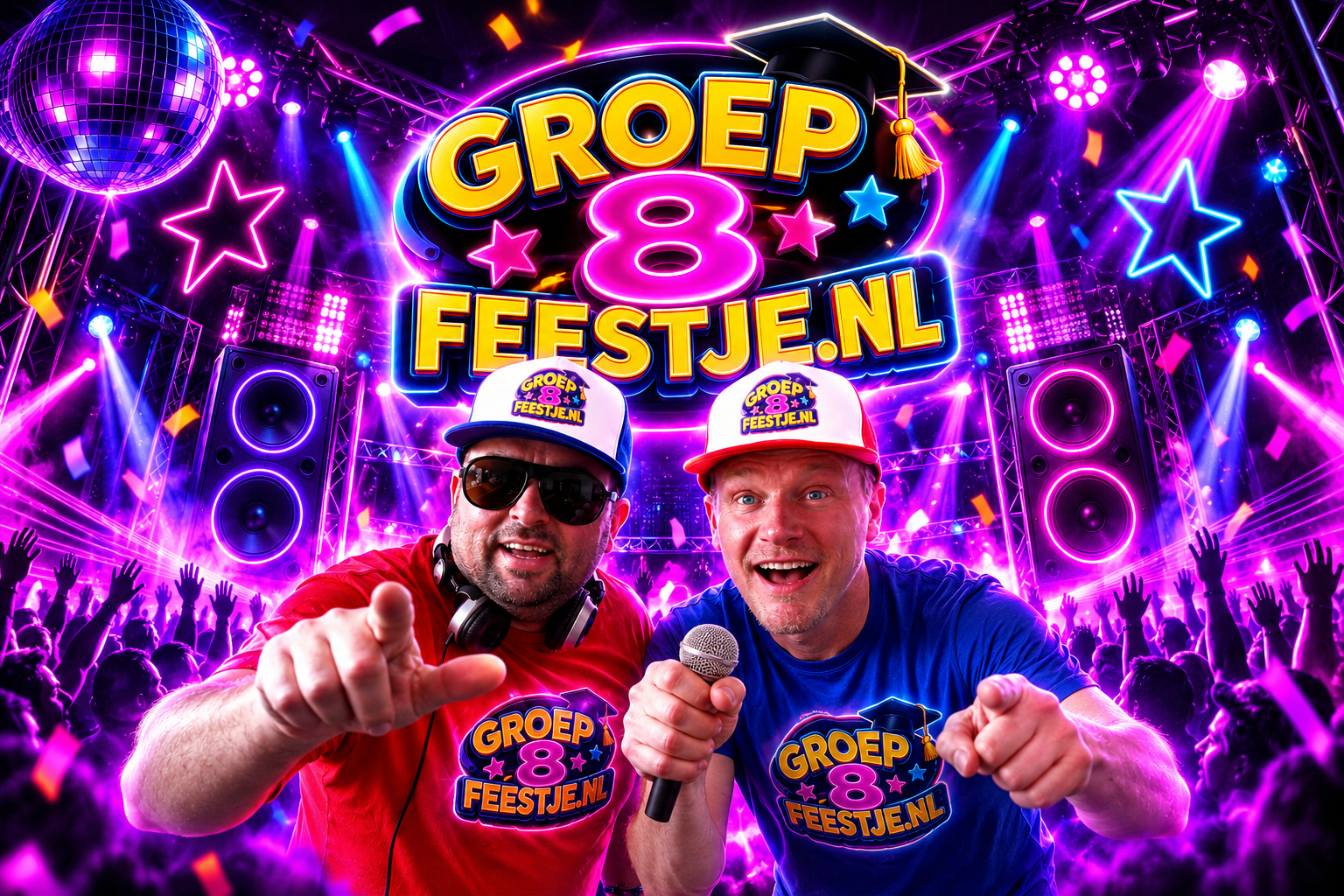 Alex DJ en Maurice (DJ Parla) verzorgen samen spectaculaire groep 8-feesten en afscheidsdisco's met Groep8feestje.nl.