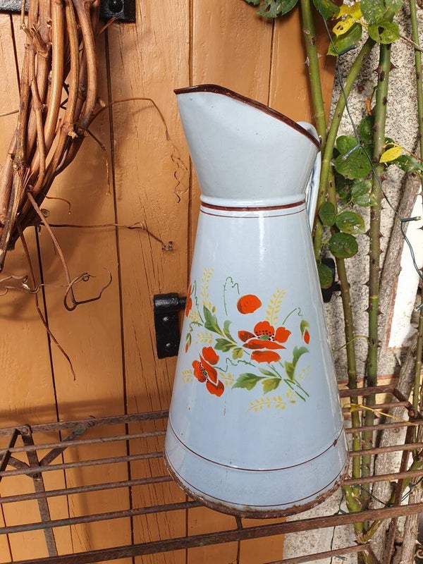 Waterkan emaille blauw met papavers