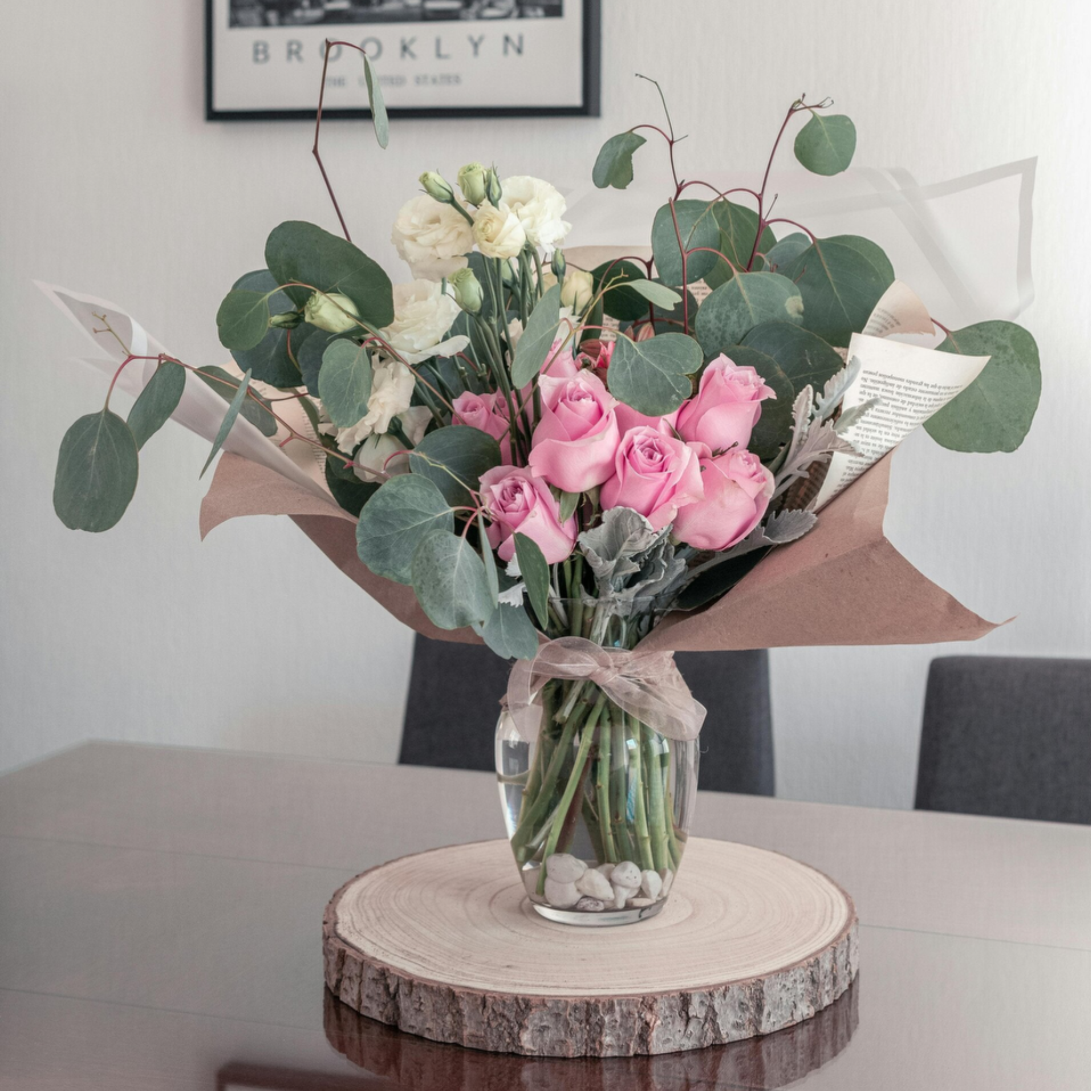 Boquet of roses with silver dollar eucalyptus