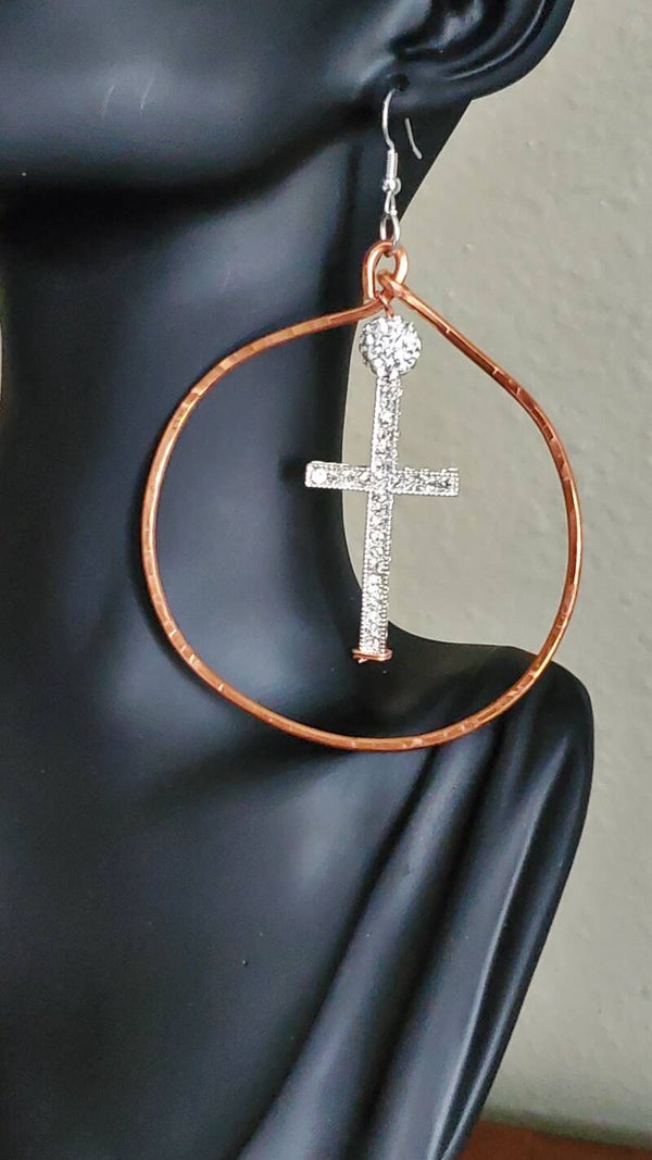 Rhinestone Cross and Wire Hoop'lah Earrings