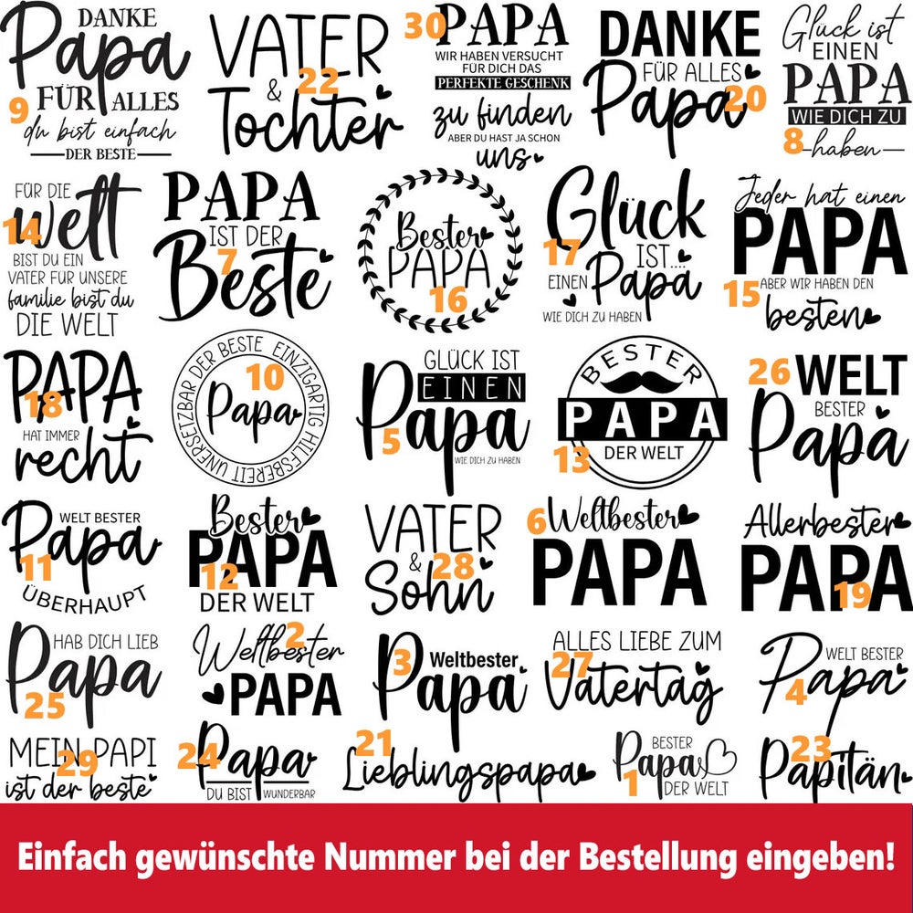 Auswahl verschiedener Papa-Motive für die Gravur auf einem Jausenbrett zum Vatertag