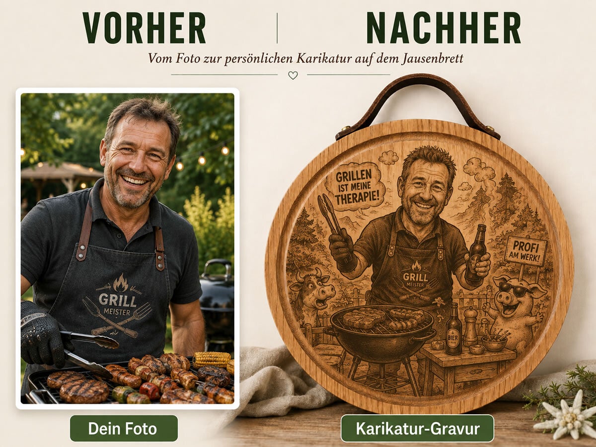 Foto eines Grillmeisters und personalisierte Karikatur-Gravur auf rundem Jausenbrett