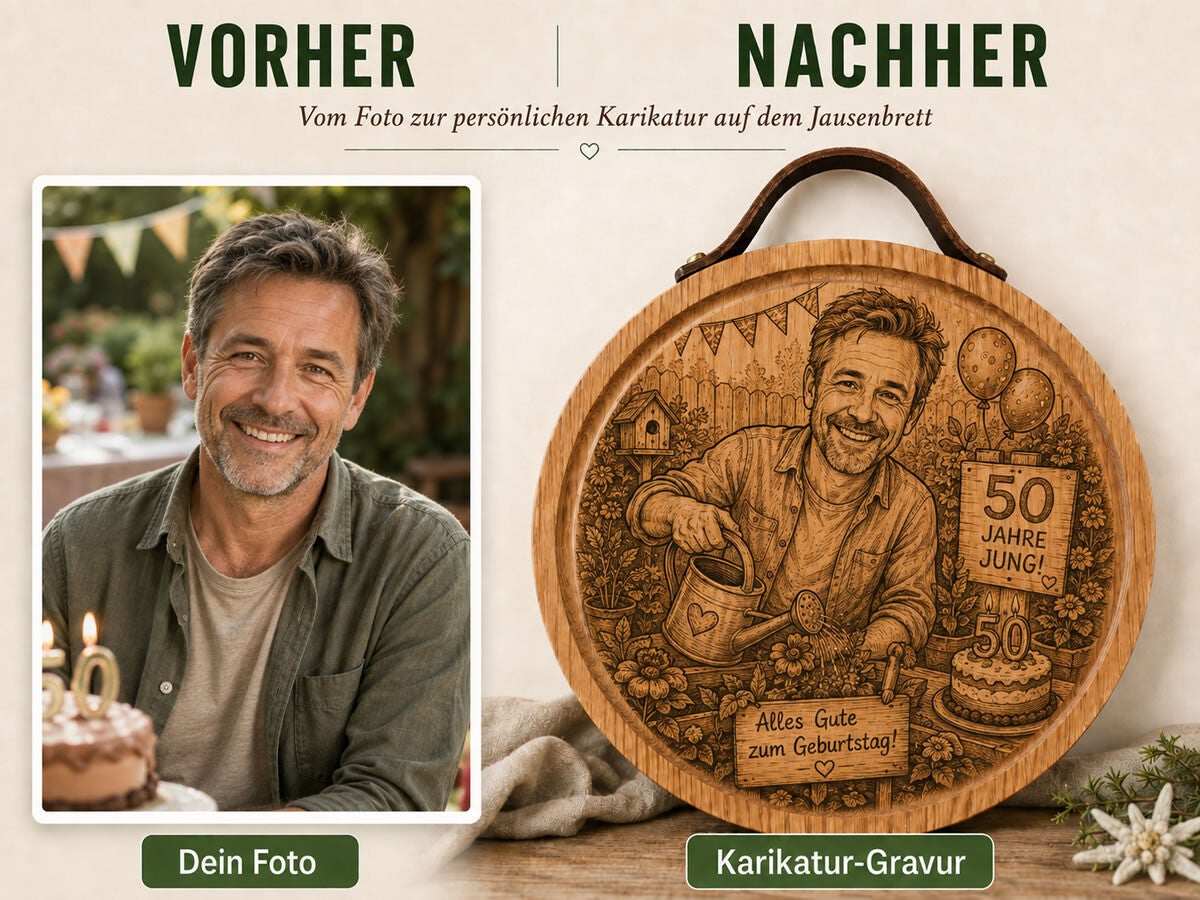 Mann als persönliche Karikatur zum 50. Geburtstag auf einem runden Jausenbrett
