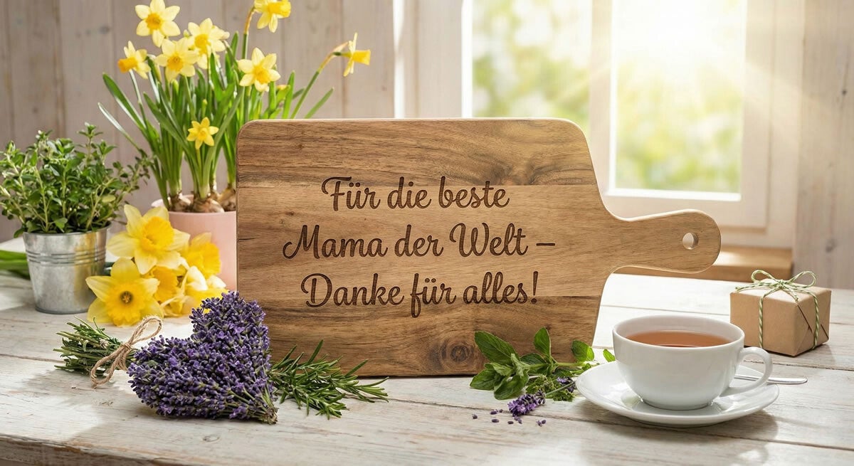 Personalisiertes Jausenbrett mit Spruch und Gravur als Muttertagsgeschenk aus Holz