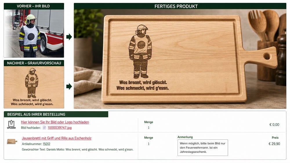Individuelle Bildvorlage mit Gravurvorschau und fertigem personalisiertem Jausenbrett aus Holz