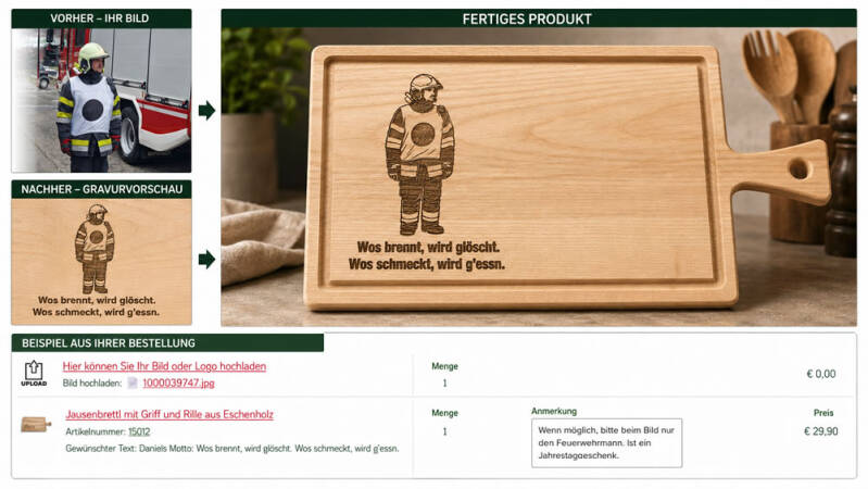 Vorher-Nachher-Beispiel: So sieht deine Bestelleingabe aus – und so entsteht daraus dein personalisiertes Schneidebrett mit Gravur.