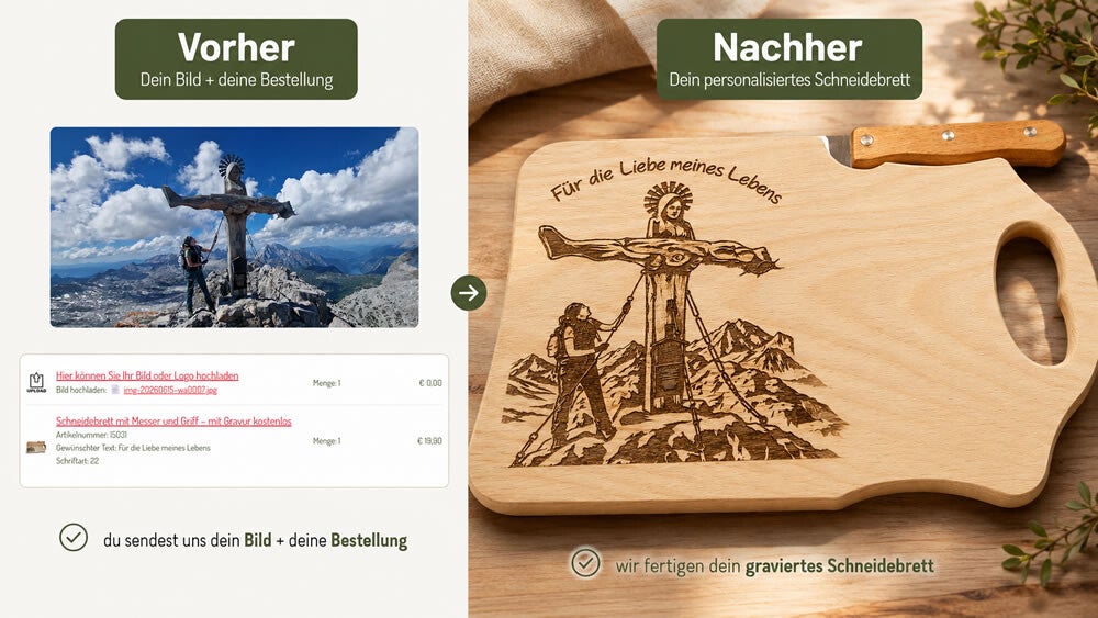 Vorher-Nachher-Beispiel einer Fotovorlage und der fertigen Gravur auf einem personalisierten Schneidebrett
