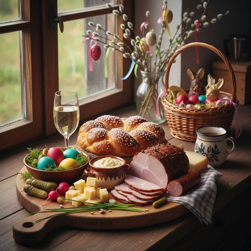Personalisiertes Jausenbrett mit Gravur für die Osterjause mit Osterschinken Eiern Kren und Osterbrot