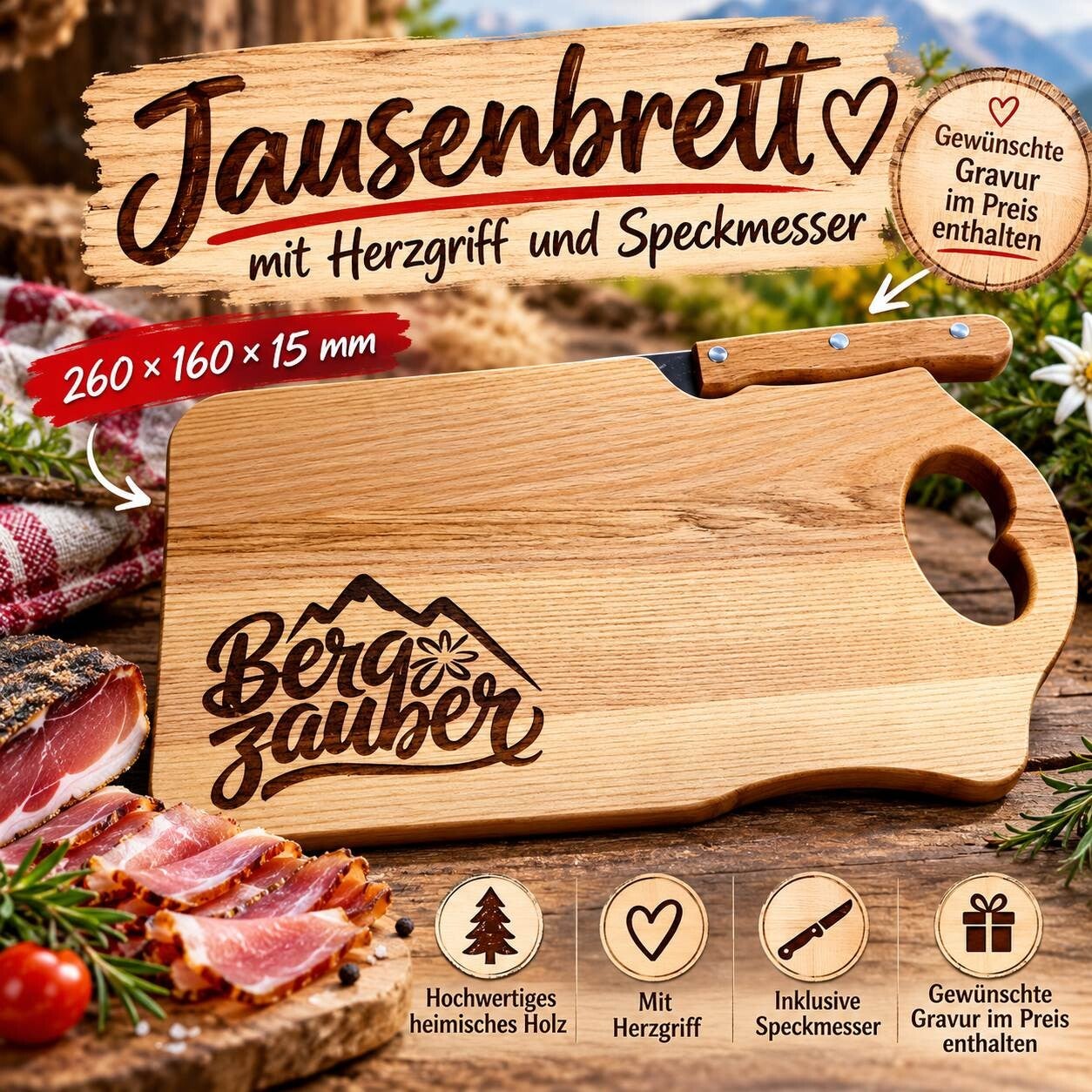 Personalisiertes Jausenbrett aus heimischer Esche mit Herzgriff, Speckmesser und Wunschgravur
