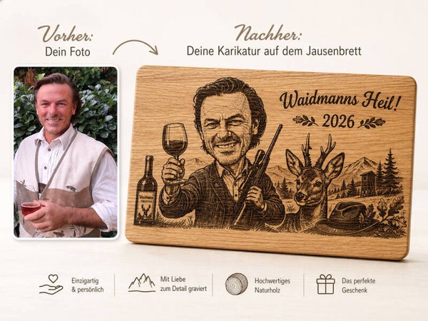 Personalisiertes Jausenbrett mit Karikatur vom Foto