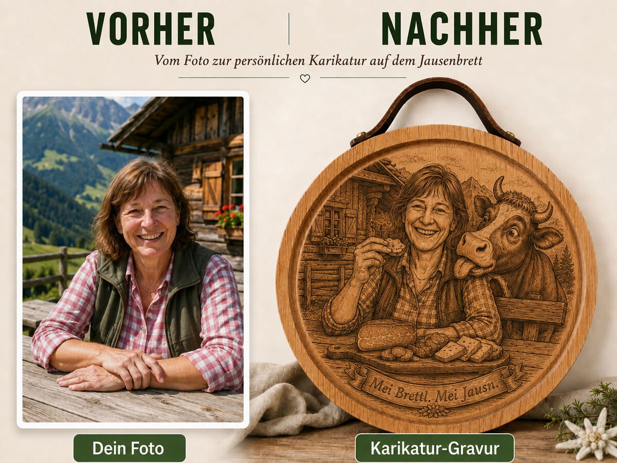 Jausenbrett mit persönlicher Karikatur und Spruch Mei Brettl. Mei Jausn. vor einer Almhütte