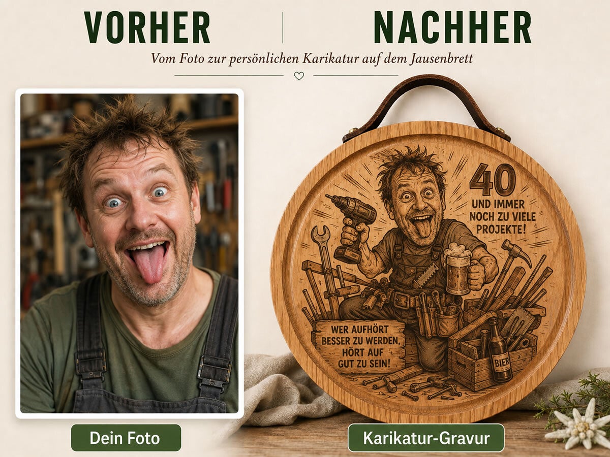 Persönliche Karikatur vom Foto auf rundem Eichen-Jausenbrett graviert