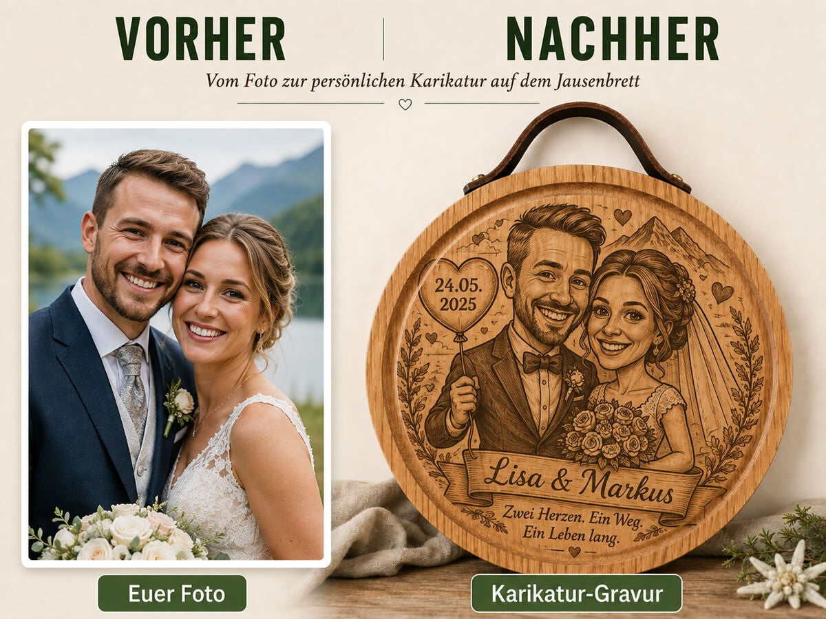 Jausenbrett mit persönlicher Karikatur vom Hochzeitsfoto und individueller Gravur