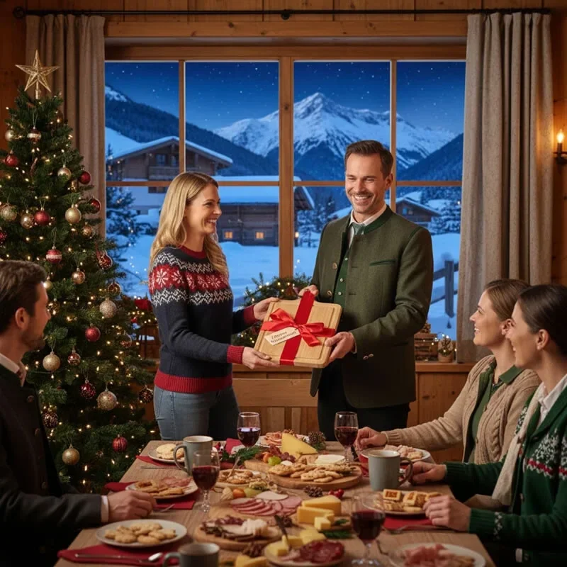 Personalisiertes Jausenbrett mit roter Geschenkschleife als Weihnachtsgeschenk aus Holz bei einer Familienfeier
