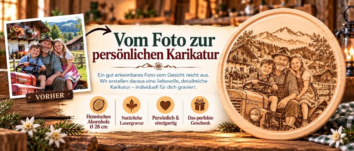 Karikatur vom Foto als Lasergravur auf einem runden hellen Ahorn-Jausenbrett mit Saftrille