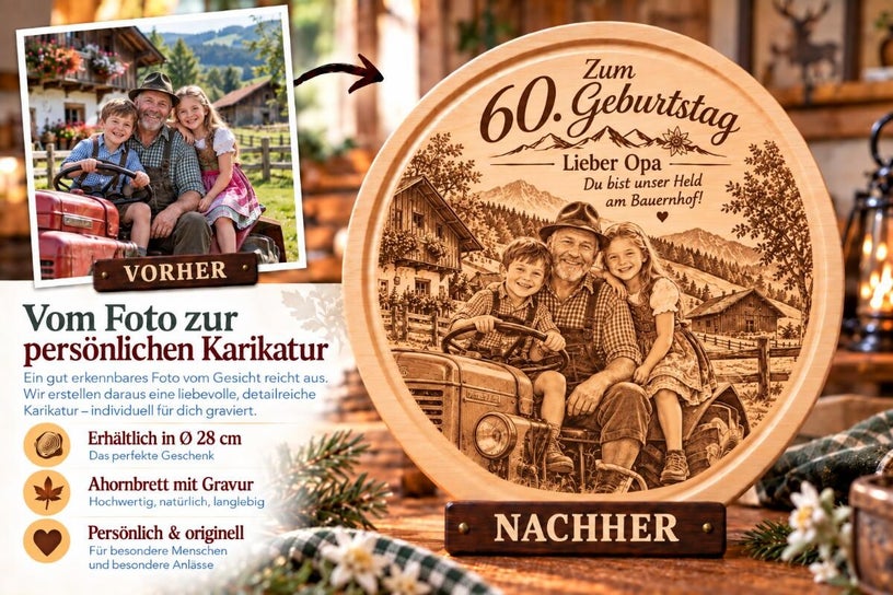 Karikatur als Geburtstagsgeschenk auf einem runden Jausenbrett aus hellem Ahornholz